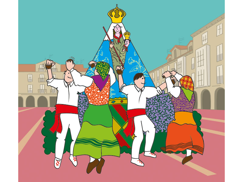 Ilustración fiestas Torrelavega, picayos bailan a la Virgen Grande